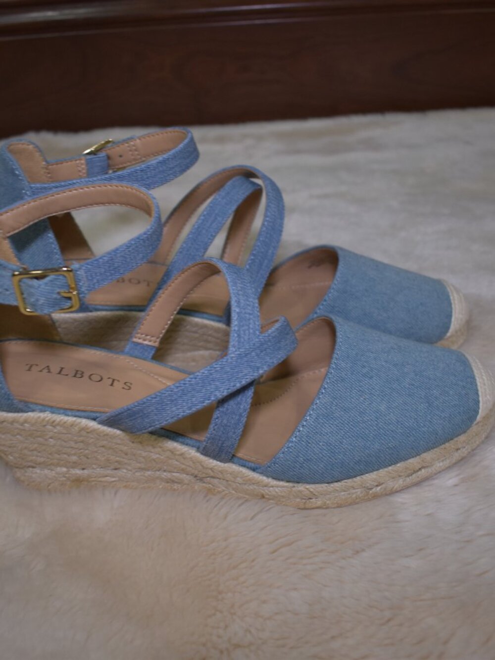 Talbots Lyndsay Denim Espadrille Wedges Size 8 Blue Strappy Summer Sandals - Picture 12 of 14